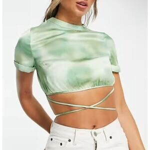 Topshop New Womens Tie Waist Tie Dye Keyhole Crop Top Green 8 Y2k Streetwear